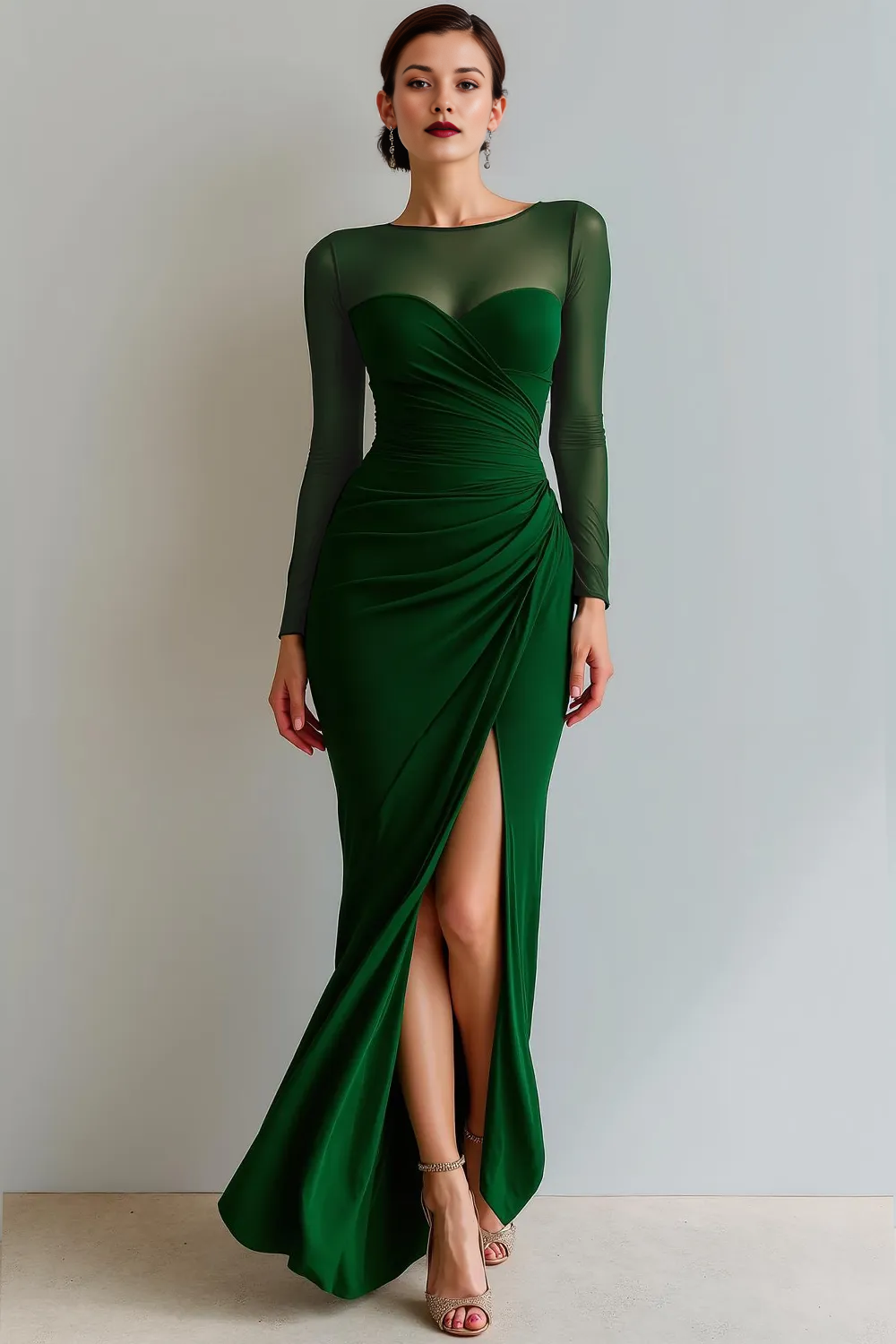 Long Sleeve Mesh Illusion Sweetheart Ruched Gown with Slit