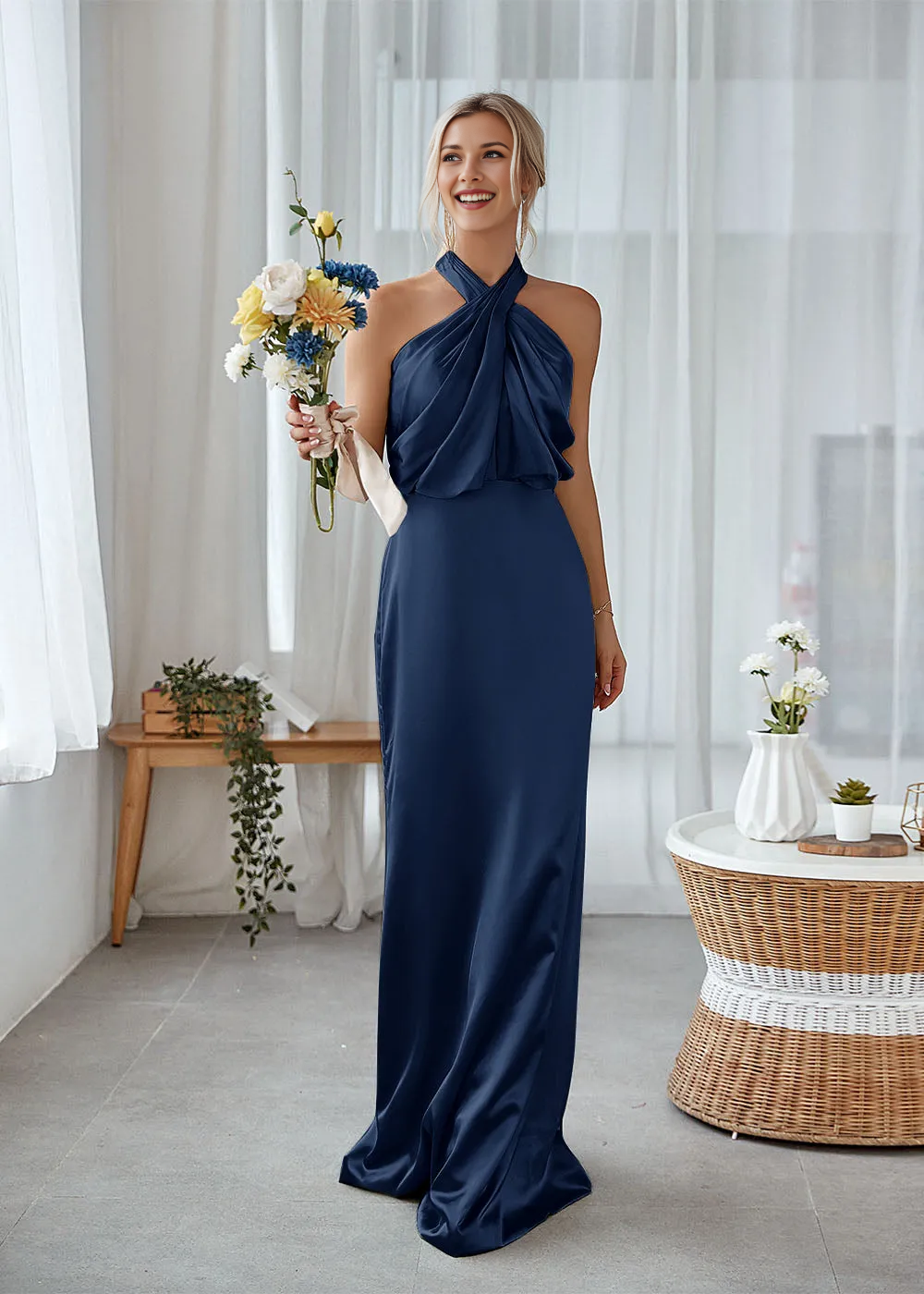 Halter Twist Neck Satin Mermaid Bridesmaid Dress with Open Keyhole Back