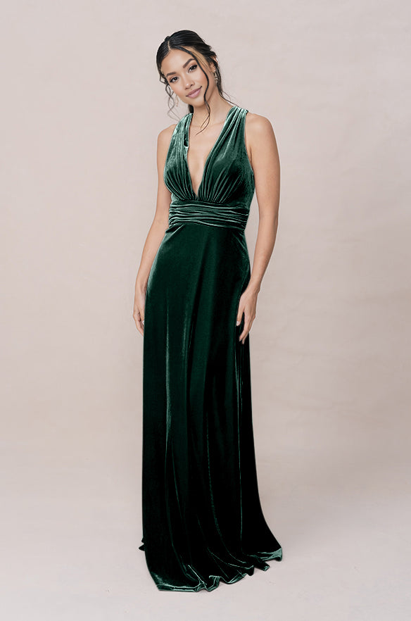 Women's Velvet Deep V-Neck Floor length Bridesmaid Dress with Crisscross Low Back Versatile for Formal Weddings