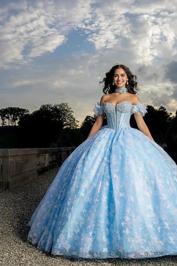 Lace Ball Gown Sweetheart Off Shoulder Flower Corset Back Train Quinceañera Dress