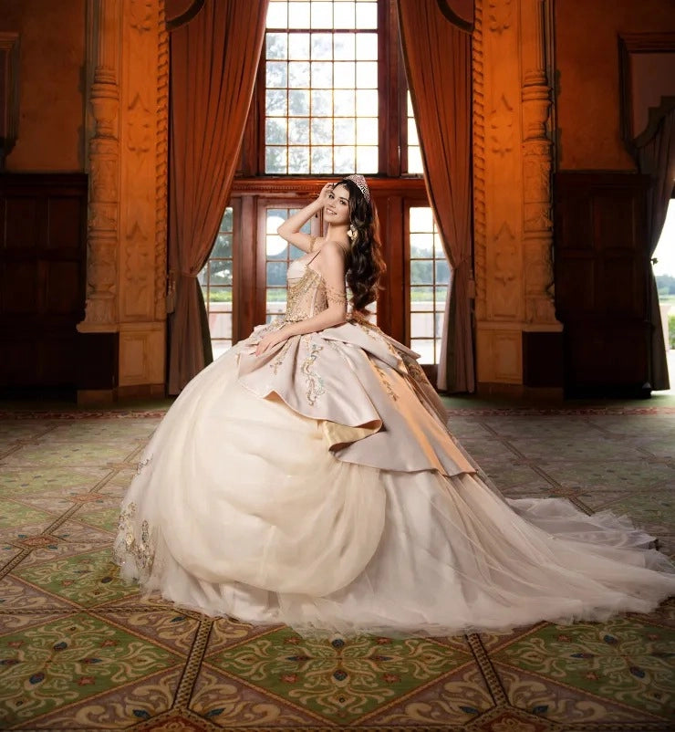 Ivory Ball Gown Sweetheart Spaghetti Straps Satin & Tulle 3D Floral Embroidery Big Back Bow Quinceanera Dress