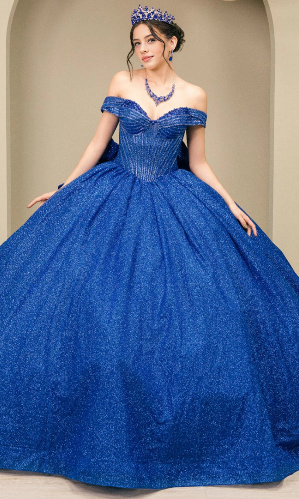 Luxurious Ball Gown Off‑Shoulder Short Sleeve Lace‑Up Back Cathedral Train Quinceanera Dress