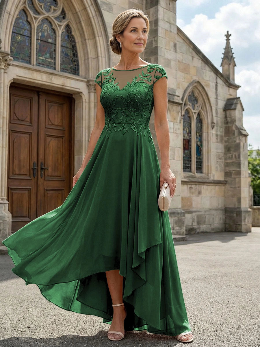 Delicate A‑Line Illusion Neck Cap Sleeve V‑Back High‑Low Mother Of The Bride Dress