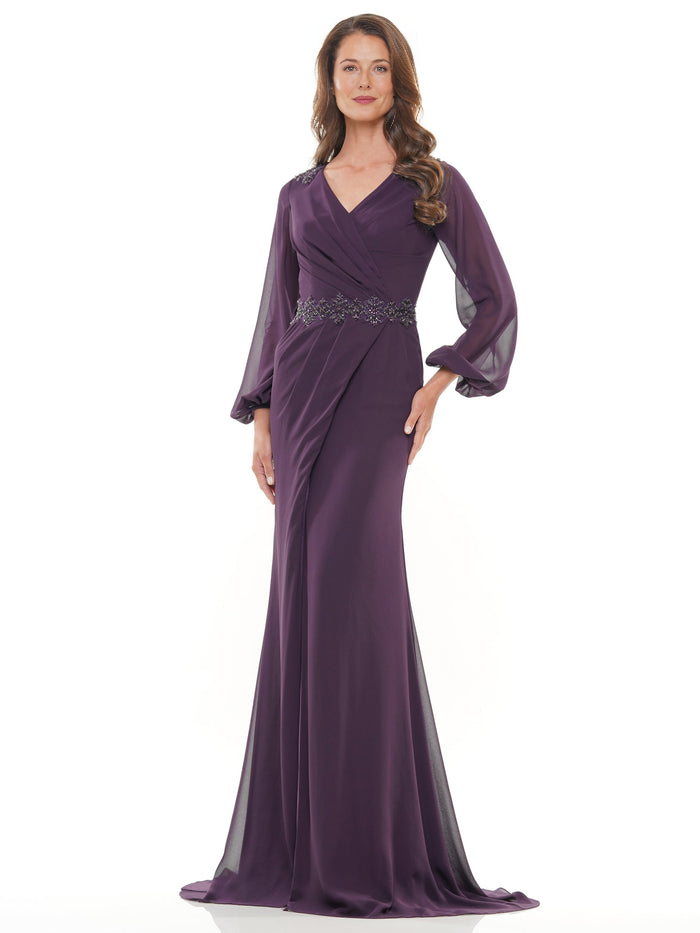 Women's V-Neck Long Sleeve Chiffon Mermaid Mother of the Bride Dress Evening Gown Sweep Train with Crystal Waist Belt