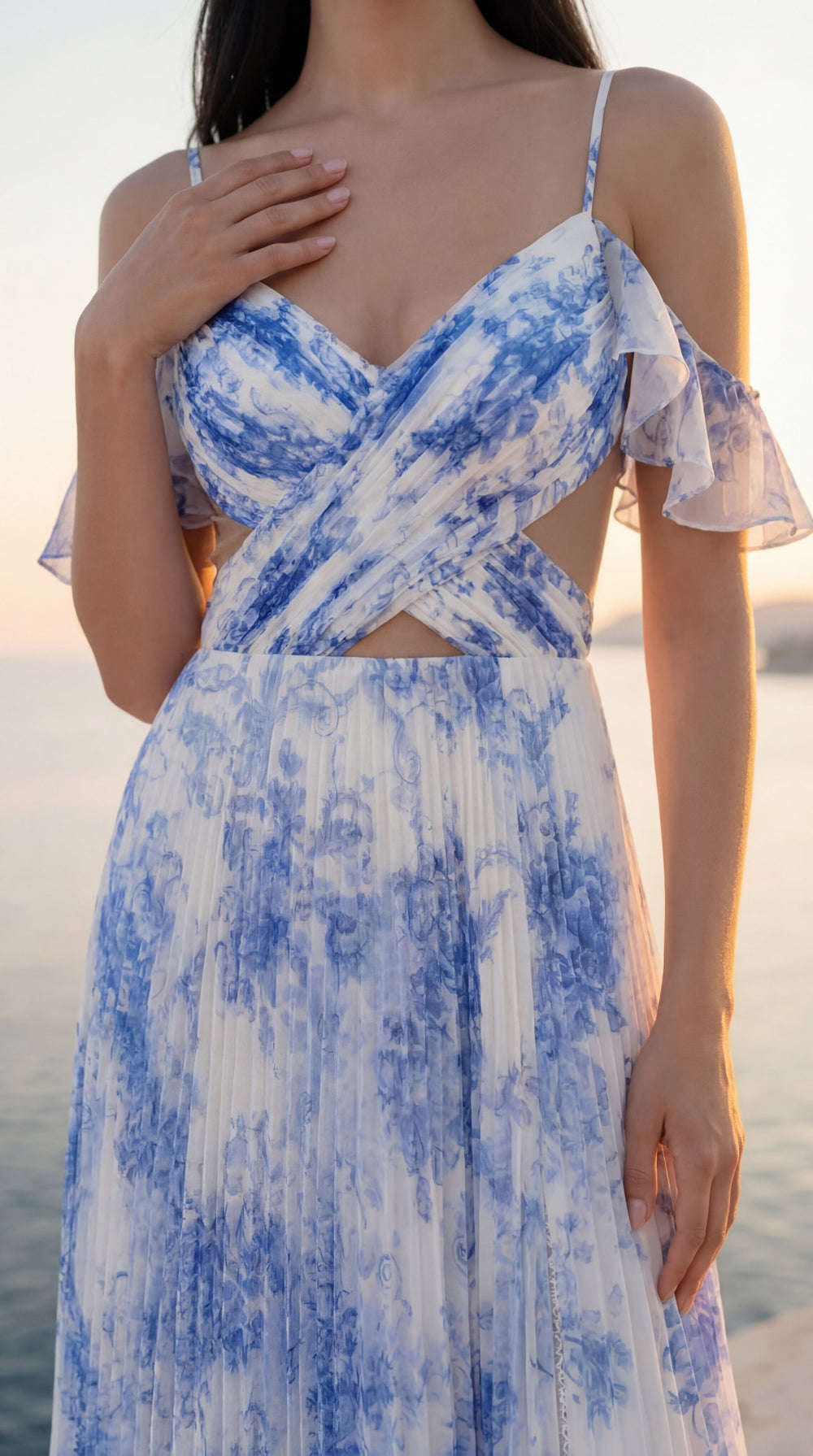 Elegante vestido de fiesta largo formal maxi de chifón floral con escote en V, hombros descubiertos, recortes y espalda abierta con abertura lateral