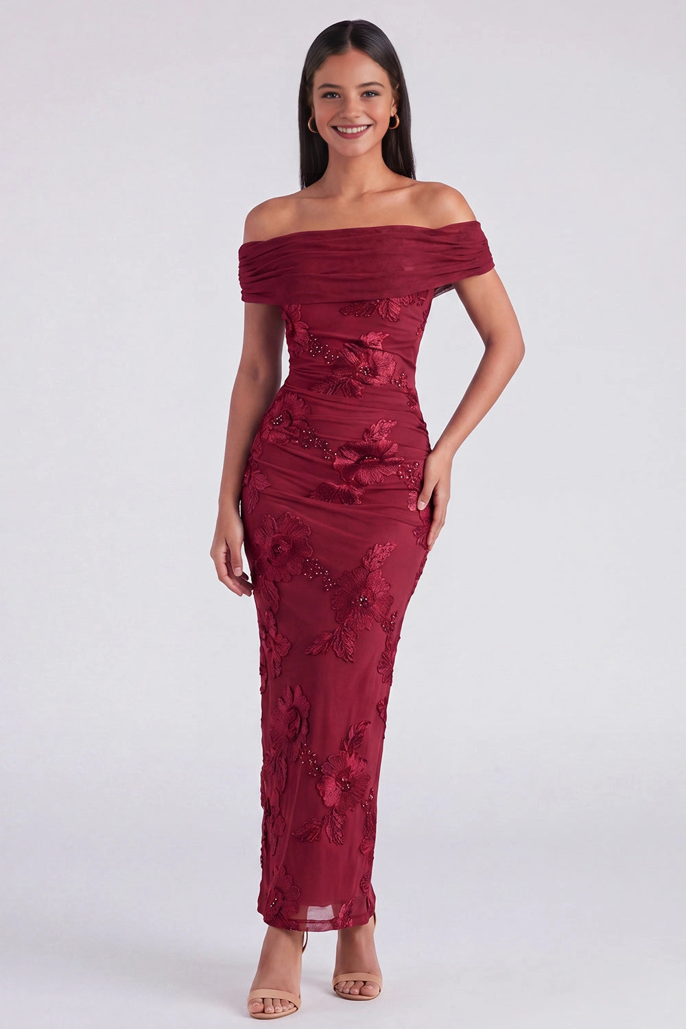Embroidered Sheath Off-shoulder Sleeveless Zip Back Maxi Wedding Guest Dress