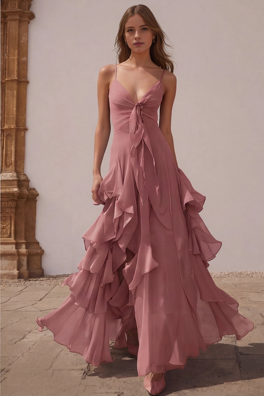 Airy A Line V Neck Straps Zip Back Ruffle Slit Maxi Wedding Guest Dress 