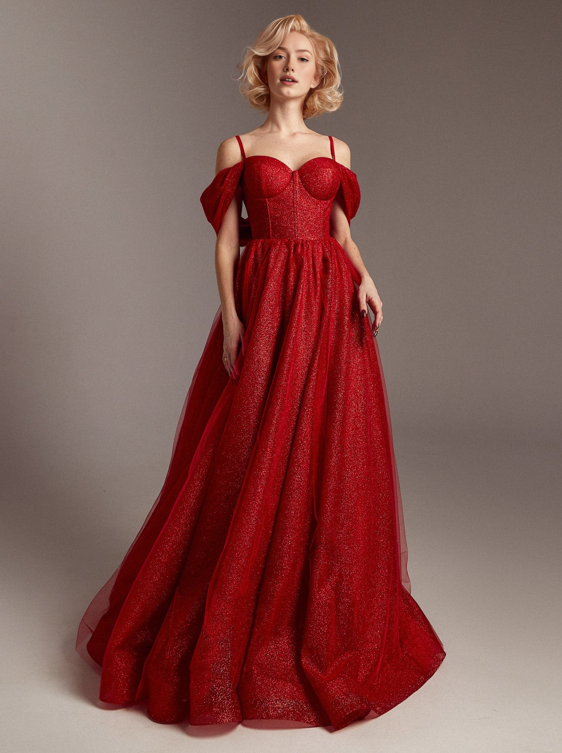 Women's Puff Sleeve Sequin Ball Gown with Strapless Corset Bodice Glitter lace Tulle A-Line Princess Corset Evening Dress
