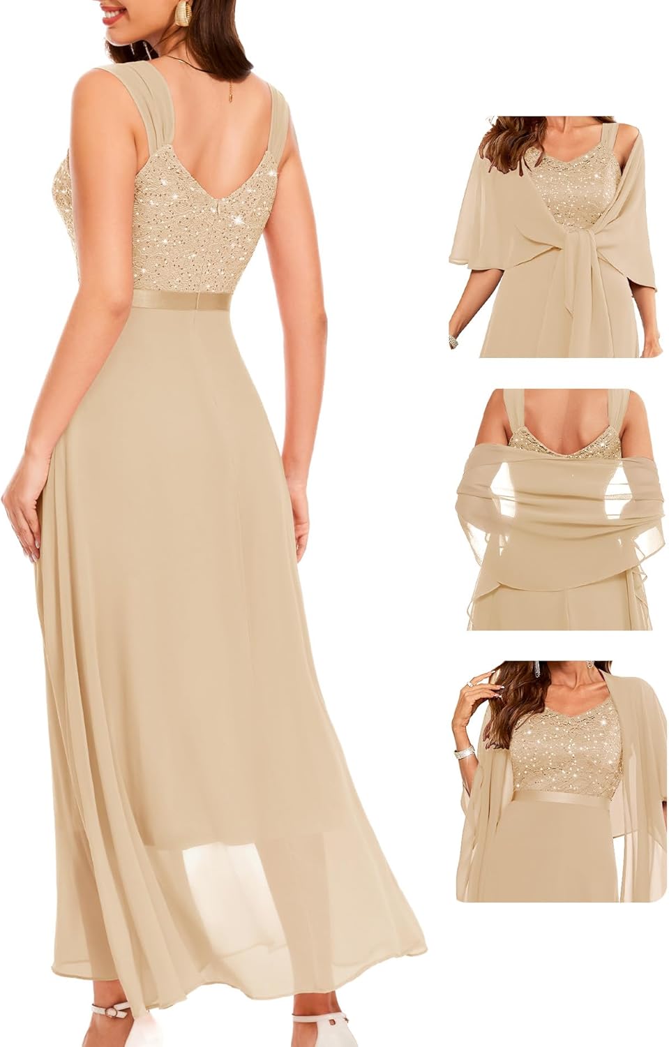 Champagne Chiffon Mother of the Bride Dress with Sheer Shawl - Ankle-Length Formal Gown for Wedding Guest