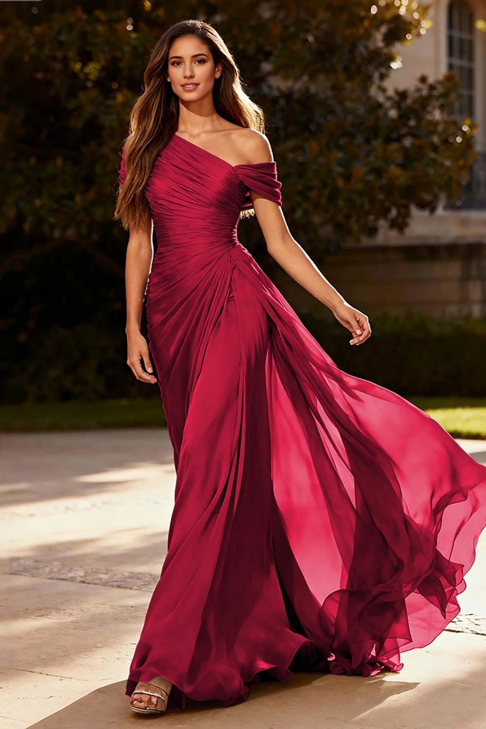 Flowy A-Line One Shoulder Off Shoulder Ruched Back Zip Maxi Wedding Guest Dress