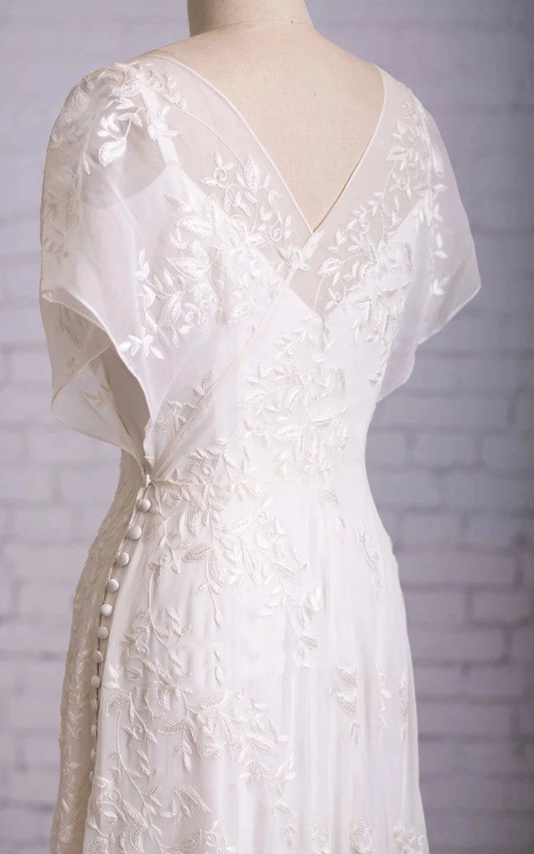 Soft A line V Flutter Sleeve V Back Floor Length Lace Wedding Dress