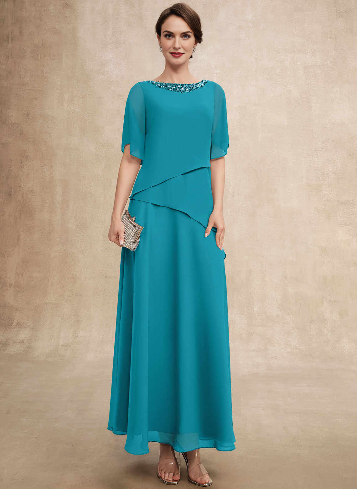Classic A‑Line Beaded Boat Neck Flutter Sleeve Zipper Back Floor‑Length Mother Of The Bride Dress