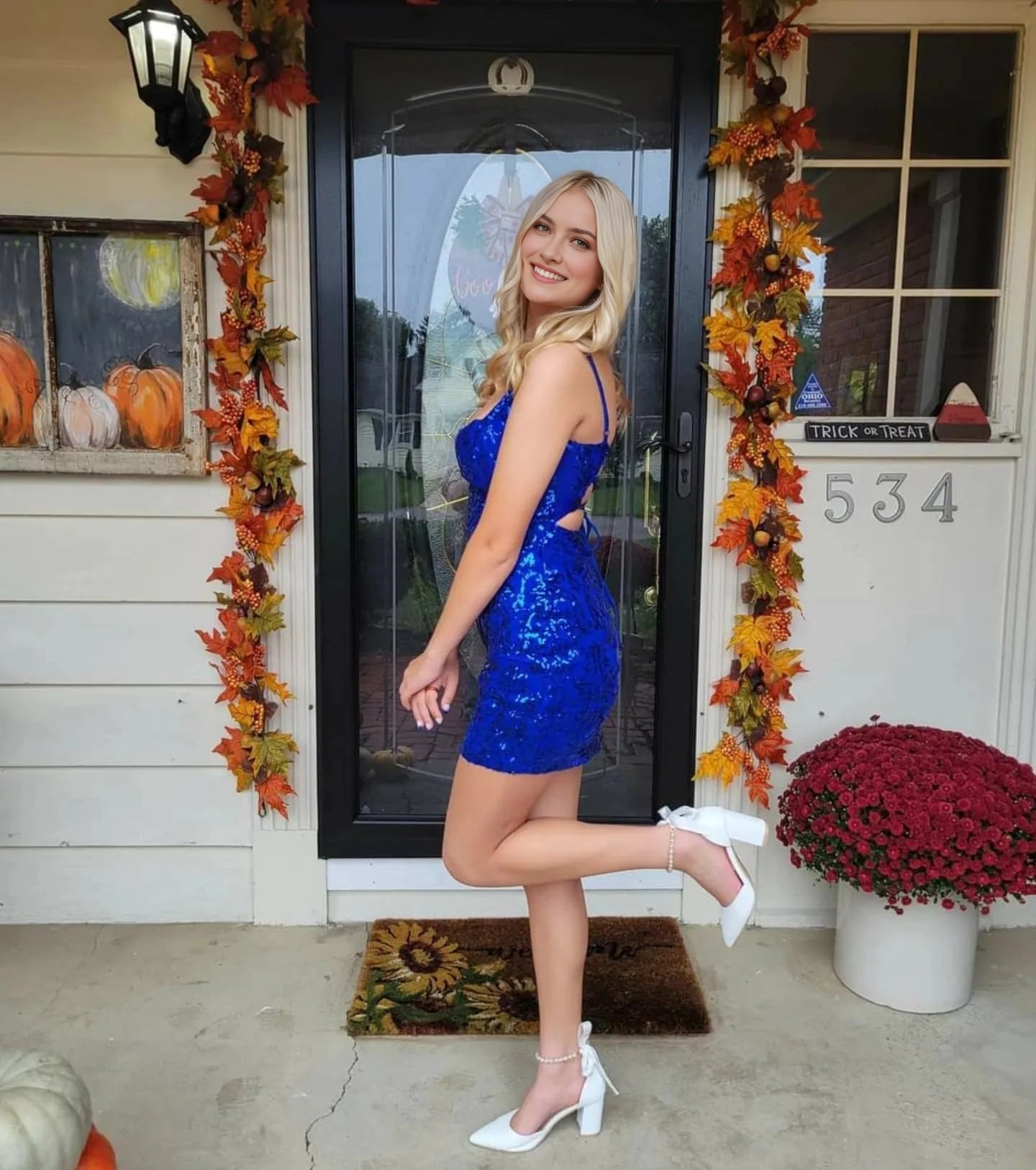 Royal Sequin Bodycon Square Sleeveless CrisscrossBack Mini Homecoming Dress 