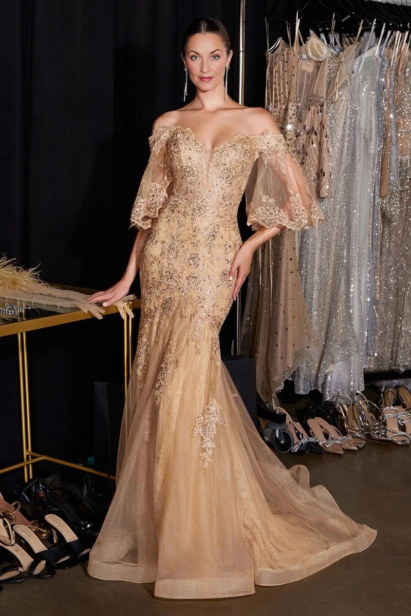 Navy Mermaid Off‑Shoulder Bell Sleeve Open Back Long Mother Of The Bride Dress