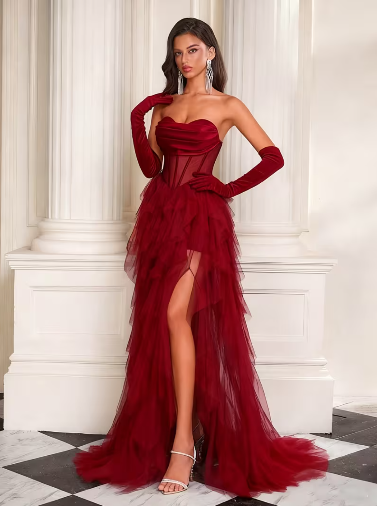 Elegante vestido de fiesta de cumpleaños con corsé sin tirantes, corte en A, estilo princesa, con abertura alta de tul, SIN guantes de terciopelo
