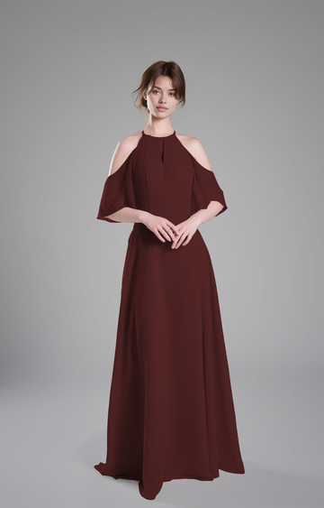 Elegant A-Line Halter Cold Shoulder Short Sleeve Open Back Chiffon Floor-Length Bridesmaid Dresses