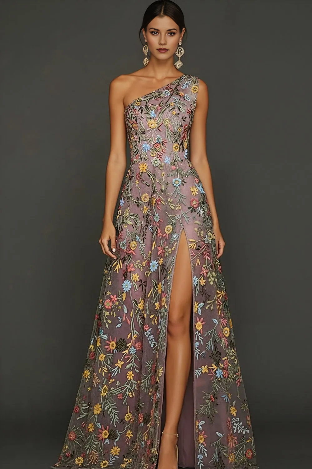 One Shoulder Multicolor Floral Embroidery Tulle A-Line Formal Gown with High Slit