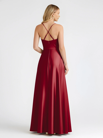 Spaghetti Strap Cowl Neck Satin A-Line Floor-Length Bridesmaid Dress with Crisscross Back
