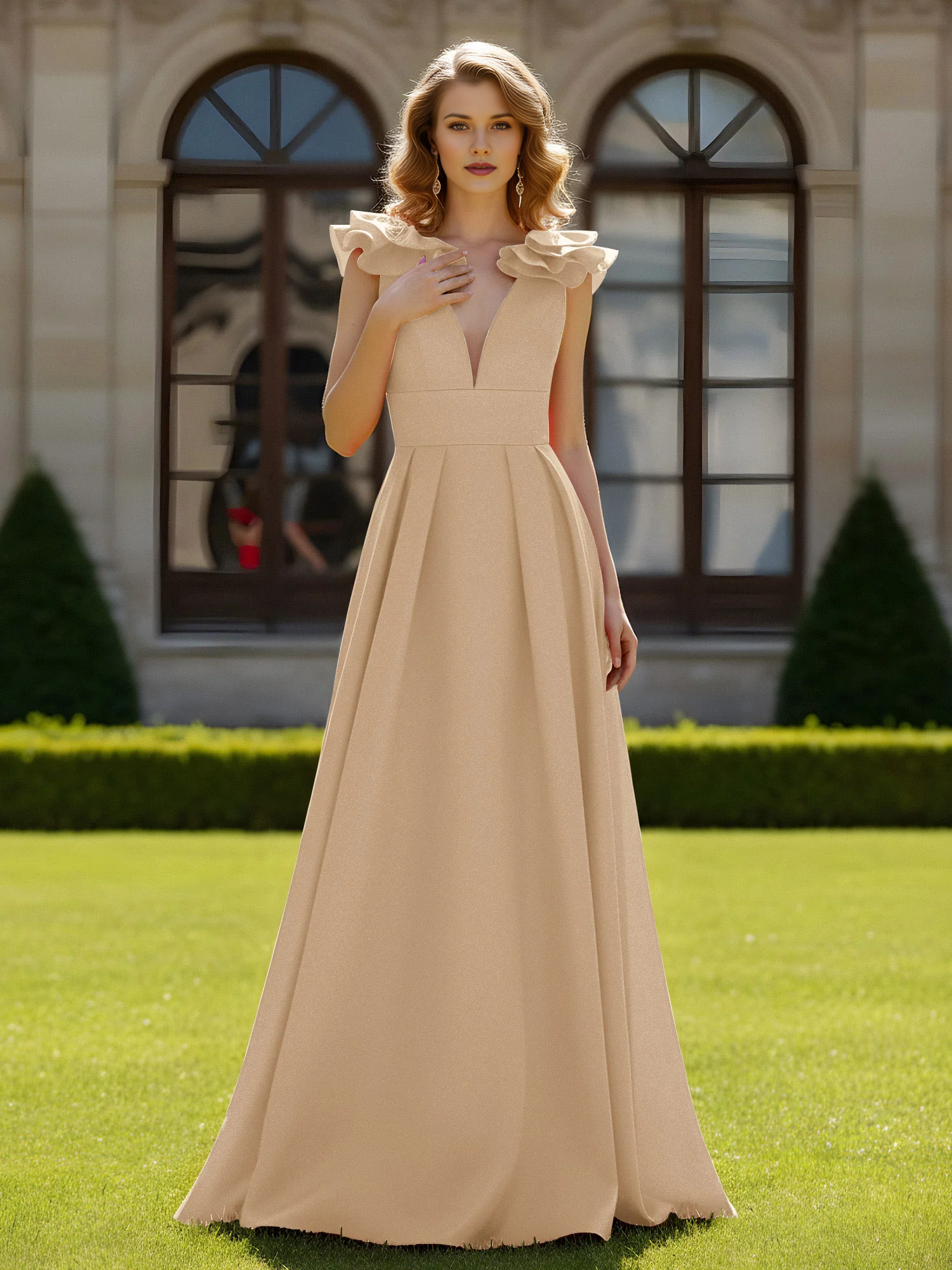 Deep V-Neck Ruffle Shoulder A-Line Floor-Length Formal Evening Gown