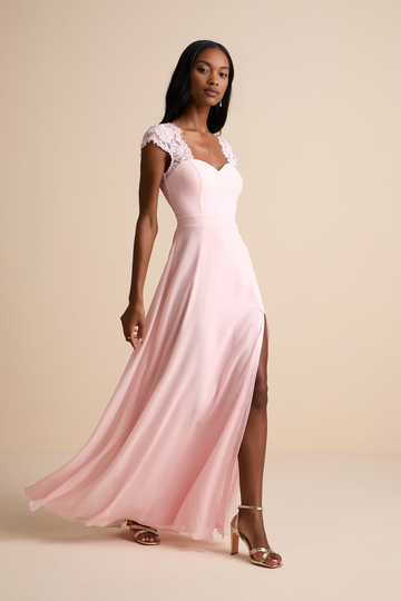 Elegant Backless Spaghetti Strap Sweetheart Slit Maxi Dress with Lace Trim Chiffon Backless Bridesmaid Dresses