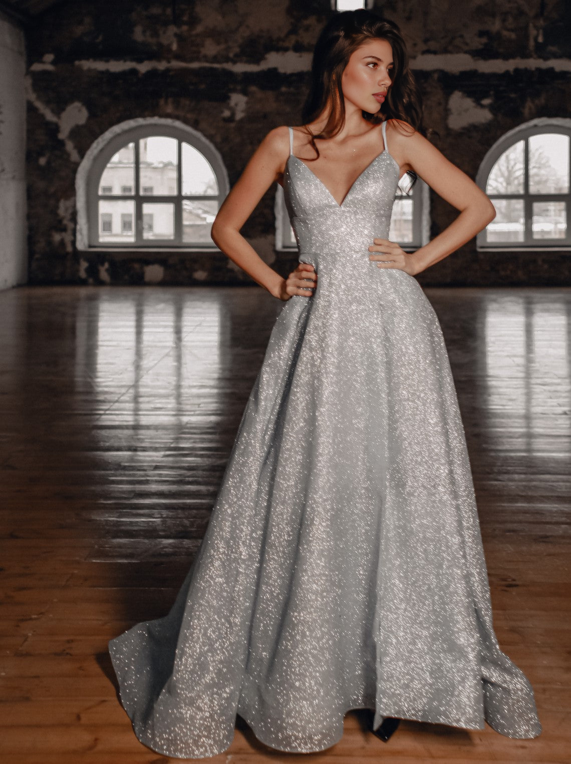 Vestido de gala de noche para mujer con cuello en V, corte A, tipo princesa, tirantes finos, lentejuelas, para bodas, cintura con paneles, brillante, para fiesta de graduación