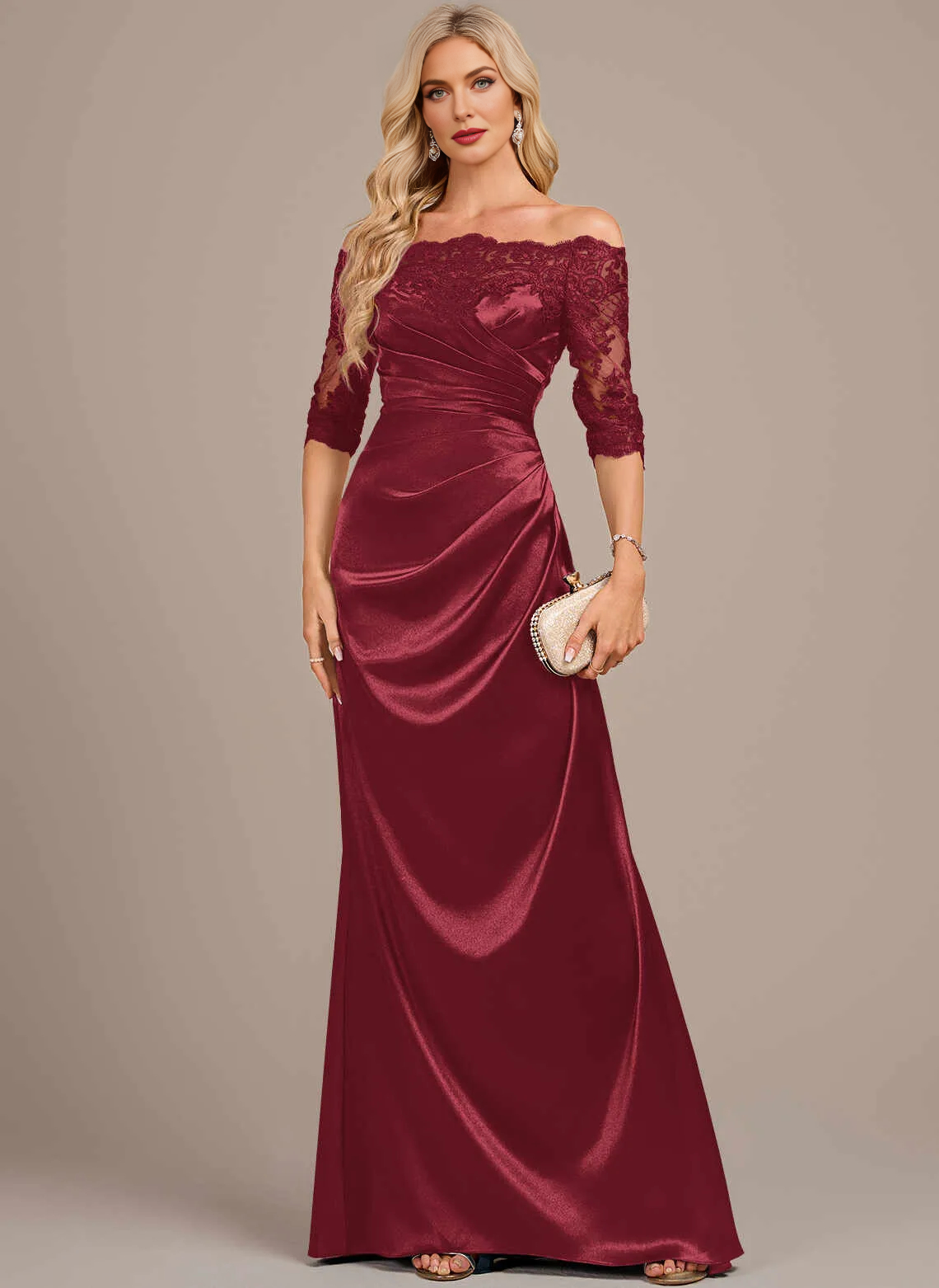 Glam Mermaid Off‑The‑Shoulder Lace 3/4 Sleeve Zipper Back Floor‑Length Mother Of The Bride Dress