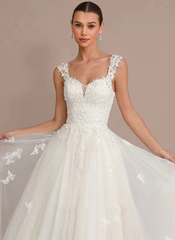 Elegant A-line V-neck Spaghetti Strap Open Back Floor-length Wedding Dress