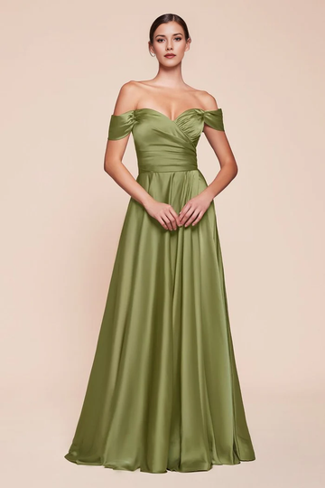 Vestido de Noche de Satén A-Line con Hombros Descubiertos y Abertura Alta - Vestido Formal de Fiesta y Dama de Honor
