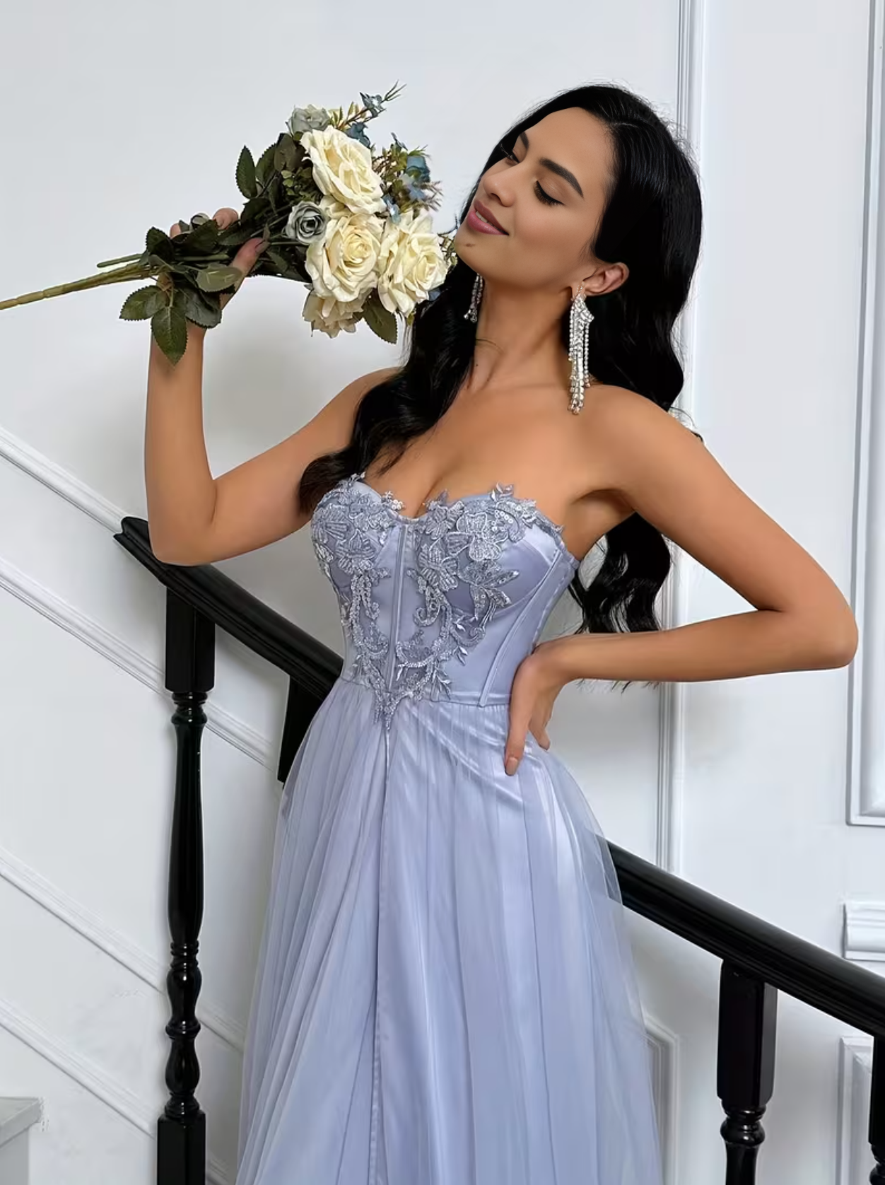 Strapless Beaded Elegant Appliqué Strapless High-Slit Tulle Hem Evening Dress Bridesmaids Corset Gown with High Slit