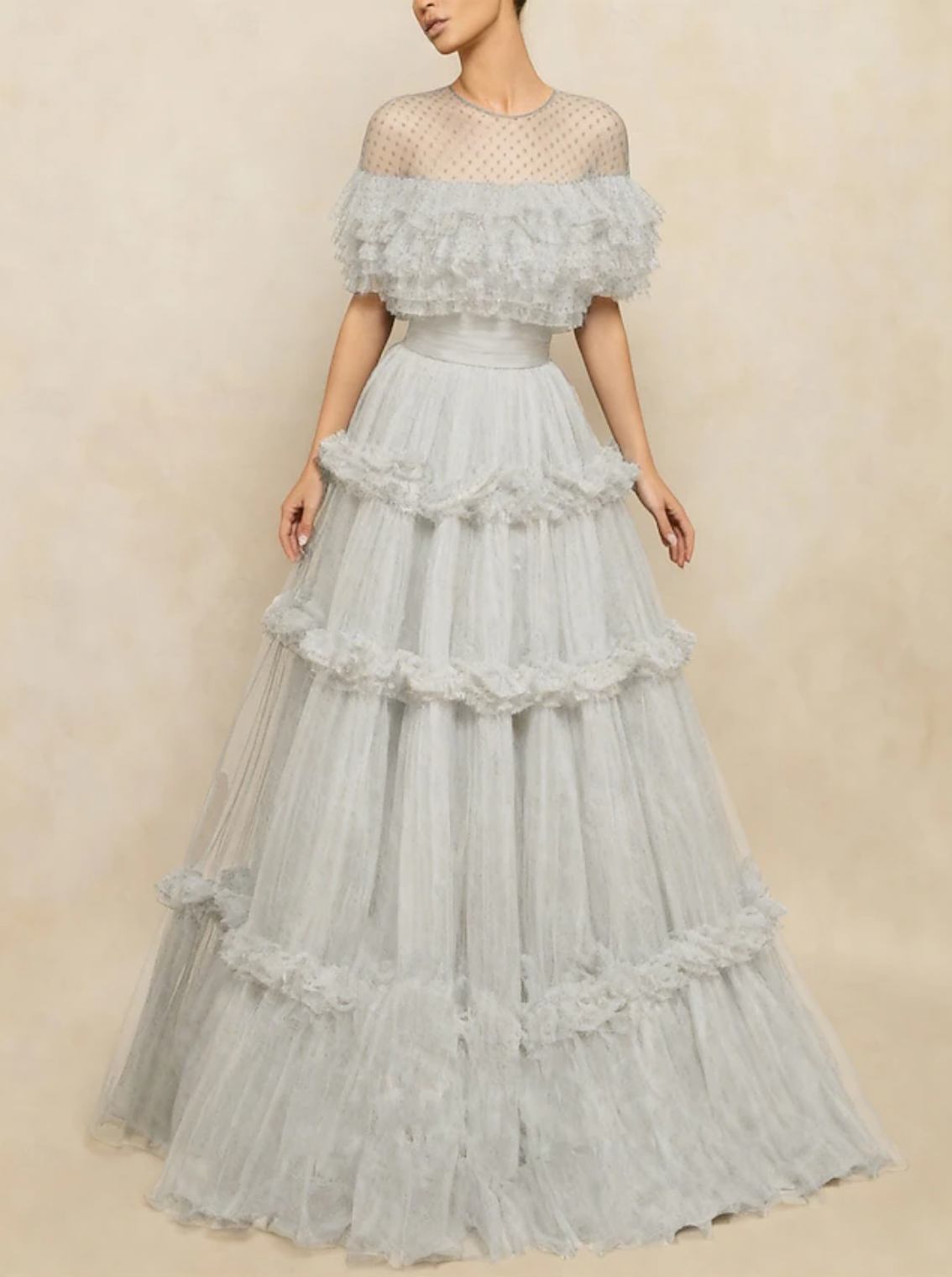 Vestidos de Fiesta de Princesa con Línea A Elegantes de Manga Corta Cuello Joya de Tul Formal con Pliegues y Volantes