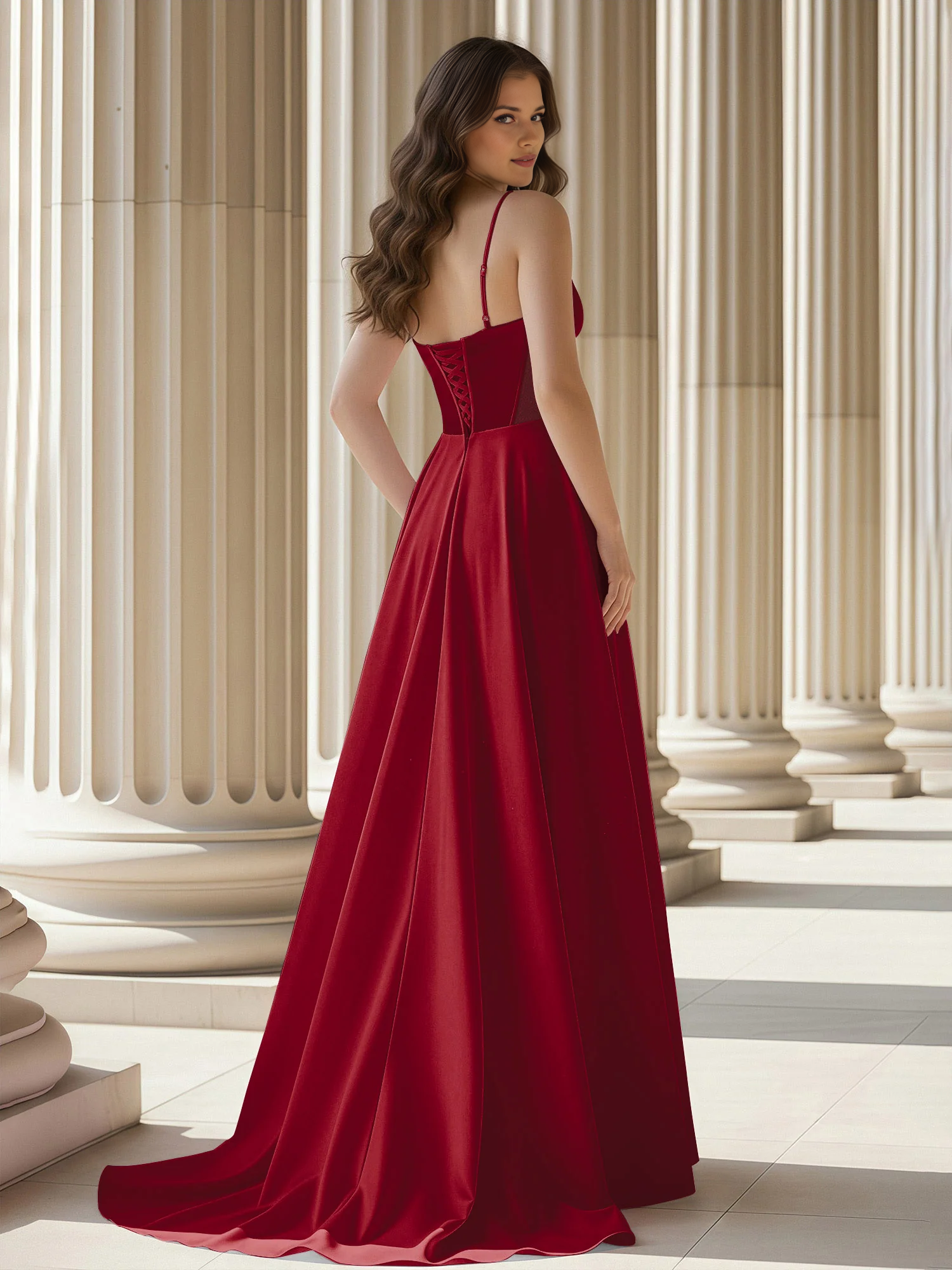 Vestido de Noche de Satén Acampanado con Corpiño Corsé de Tirantes y Cola - Vestido Formal para Fiesta de Graduación e Invitada de Boda