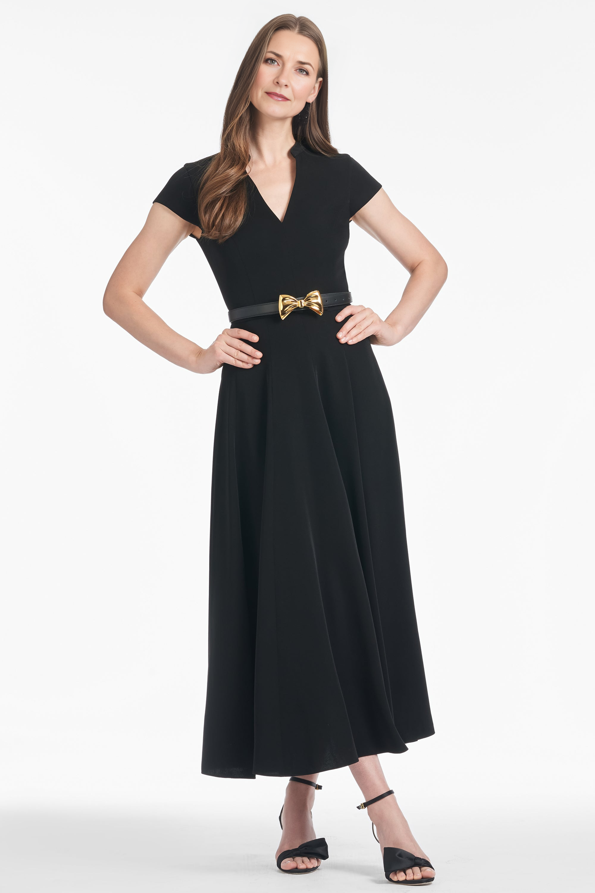 Women's V-Neck Short Sleeve Stretch Crepe Belted Maxi Dress Party Mother of the Bride Wedding Guest Dresses