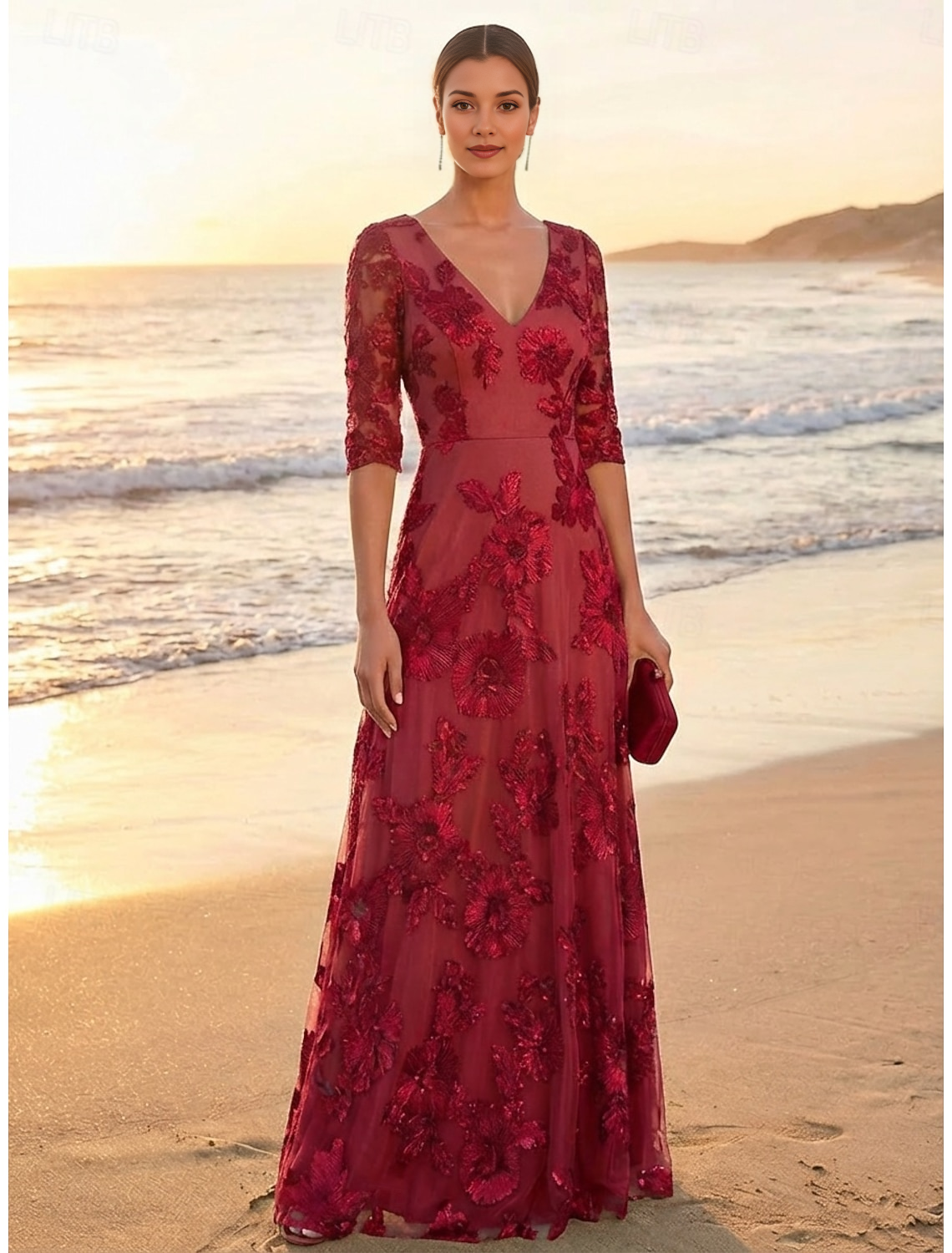V-Neck 3/4 Sleeve Sequin Floral Appliqué Tulle A-Line Floor-Length Mother of the Bride Evening Dress