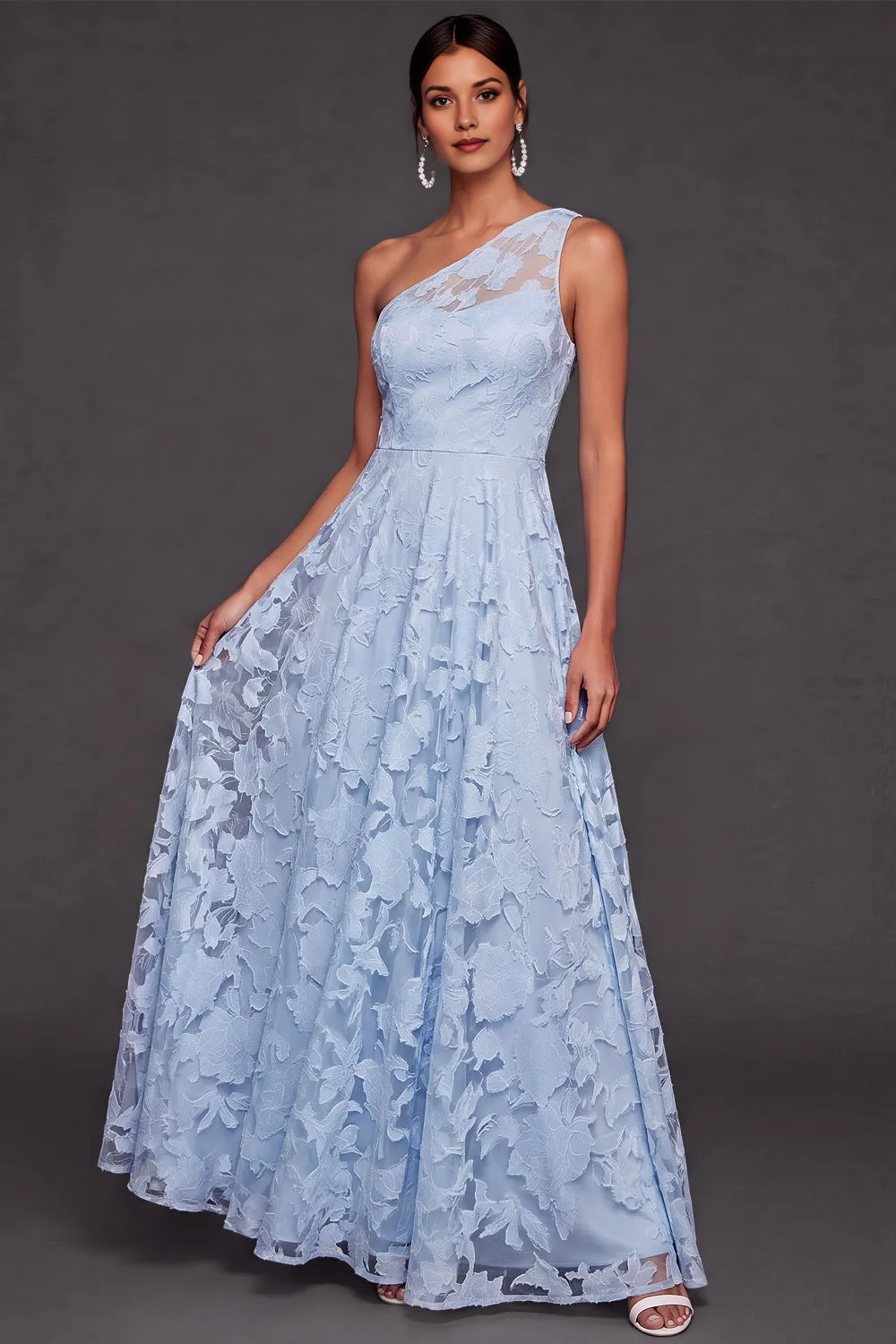 One Shoulder 3D Floral Lace A-Line Floor Length Bridesmaid Formal Dress