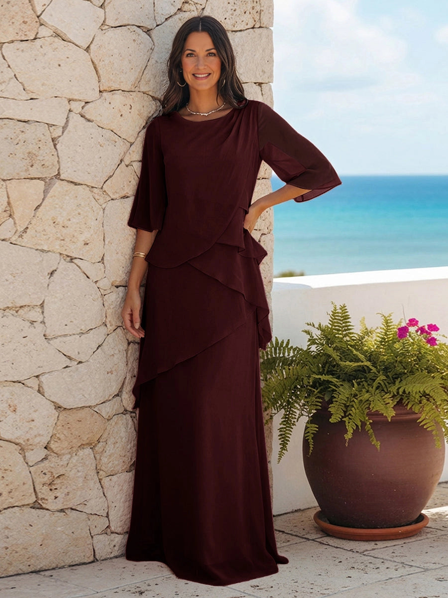 Elegant Pink A‑Line Round Neck Bell‑Sleeve Zip‑Back Floor‑Length Mother‑of‑the‑Bride Dress