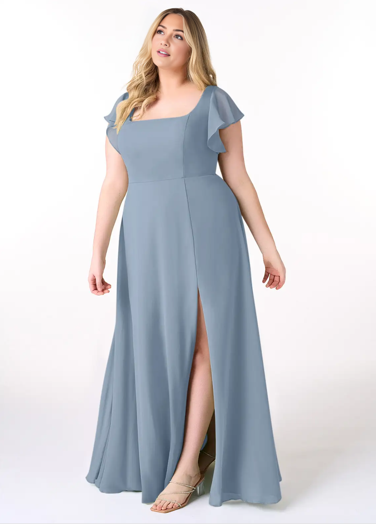 Elegant Square Neck Flutter Sleeve Maxi Dress with High Side Slit A-Line Formal Gown Bridesmaid Dresses