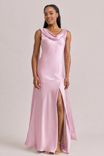 Vedress elegant blush satin cowl neck mermaid maxi bridesmaid dress tie shoulder straps thigh high slit for wedding party