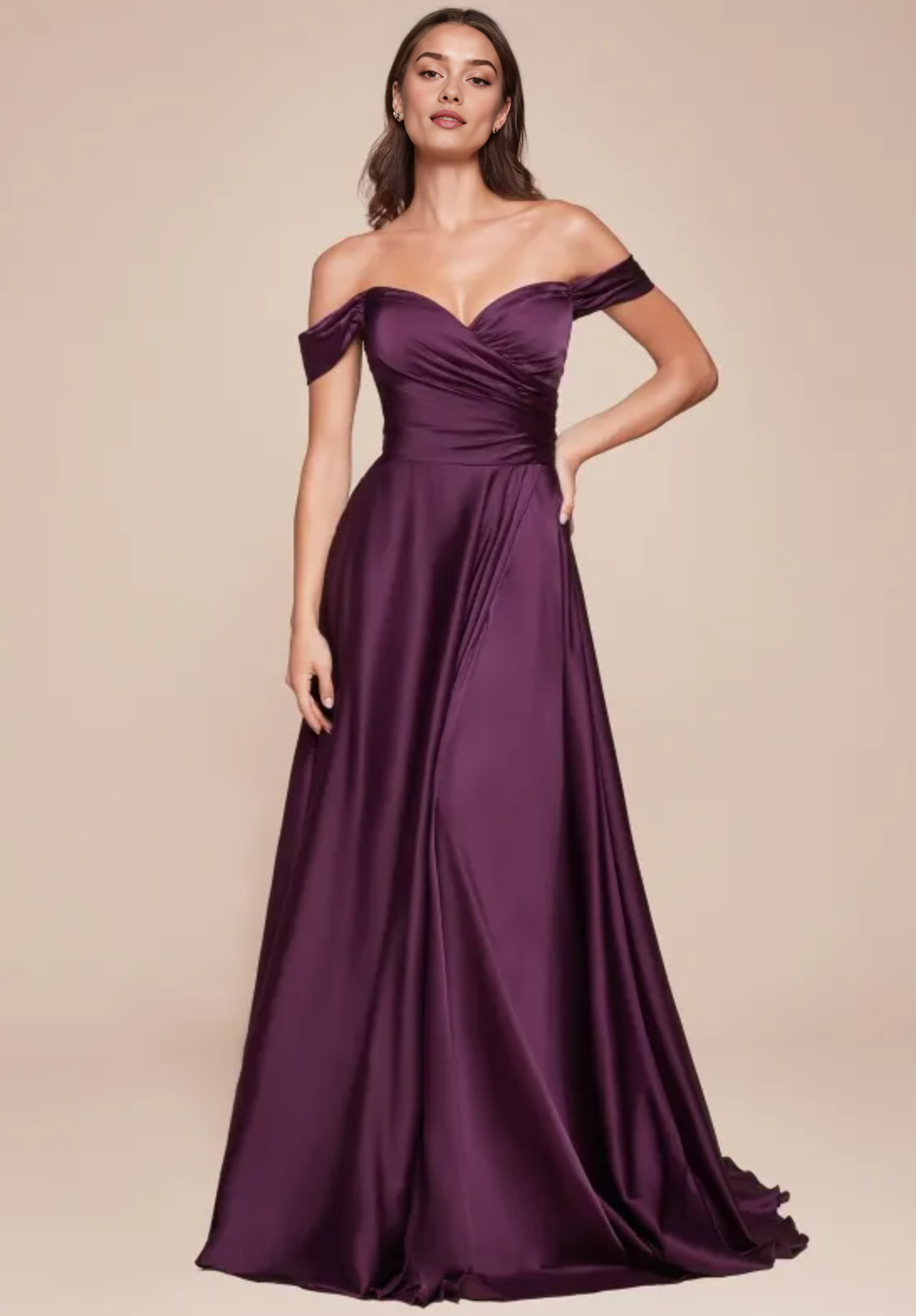 Elegant A-Line Floor length Satin Bridesmaid Dresses for Outdoor Off-Shoulder Satin Formal Gowns With Slit