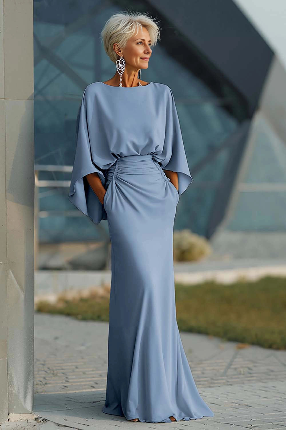 Satin Mermaid Boat Neck Dolman Deep V Back Maxi Wedding Guest Dress