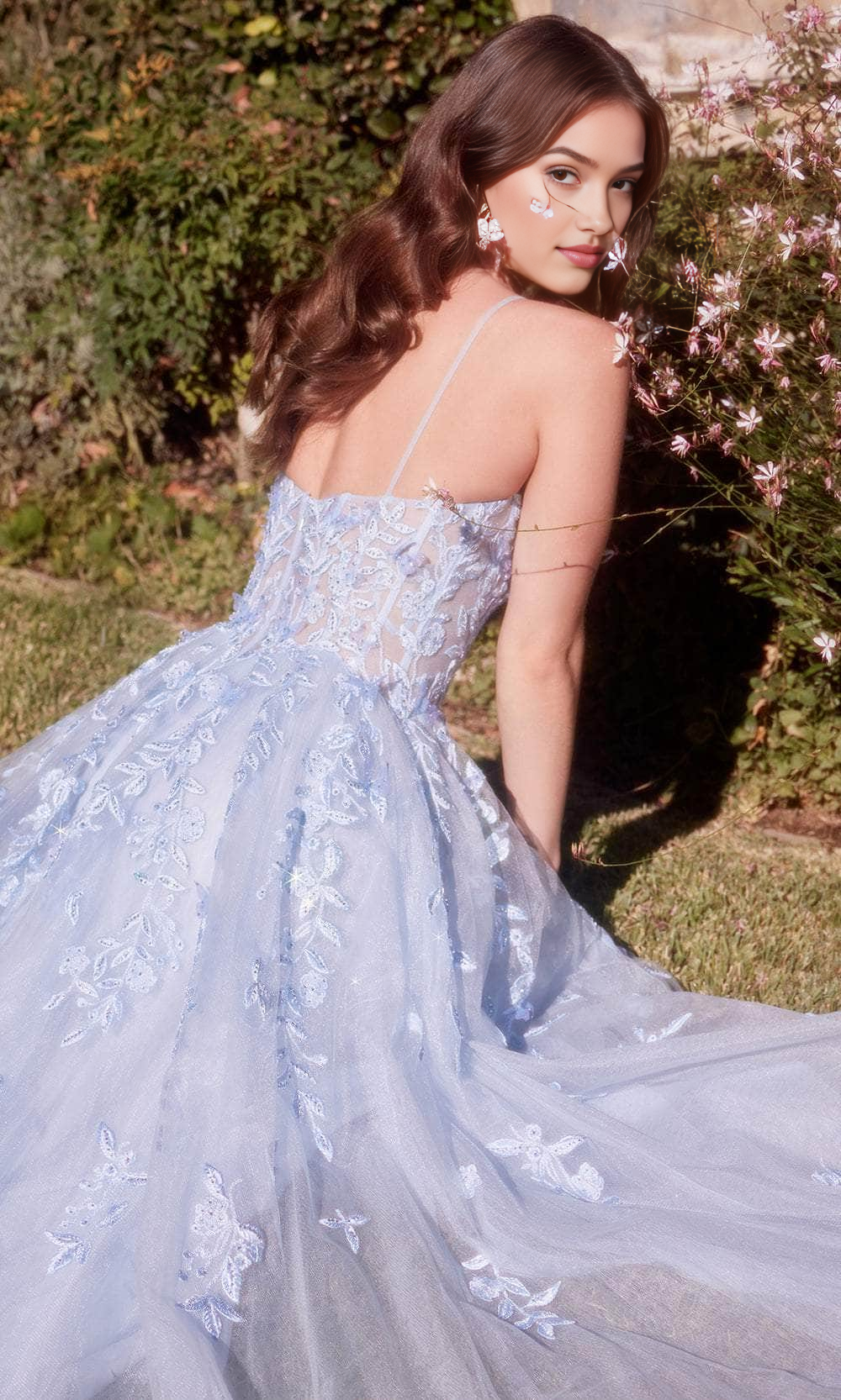 A-Line Princess Floral Embroidered Ball Gown Spaghetti Strap Open Back Floor Length Prom Dress