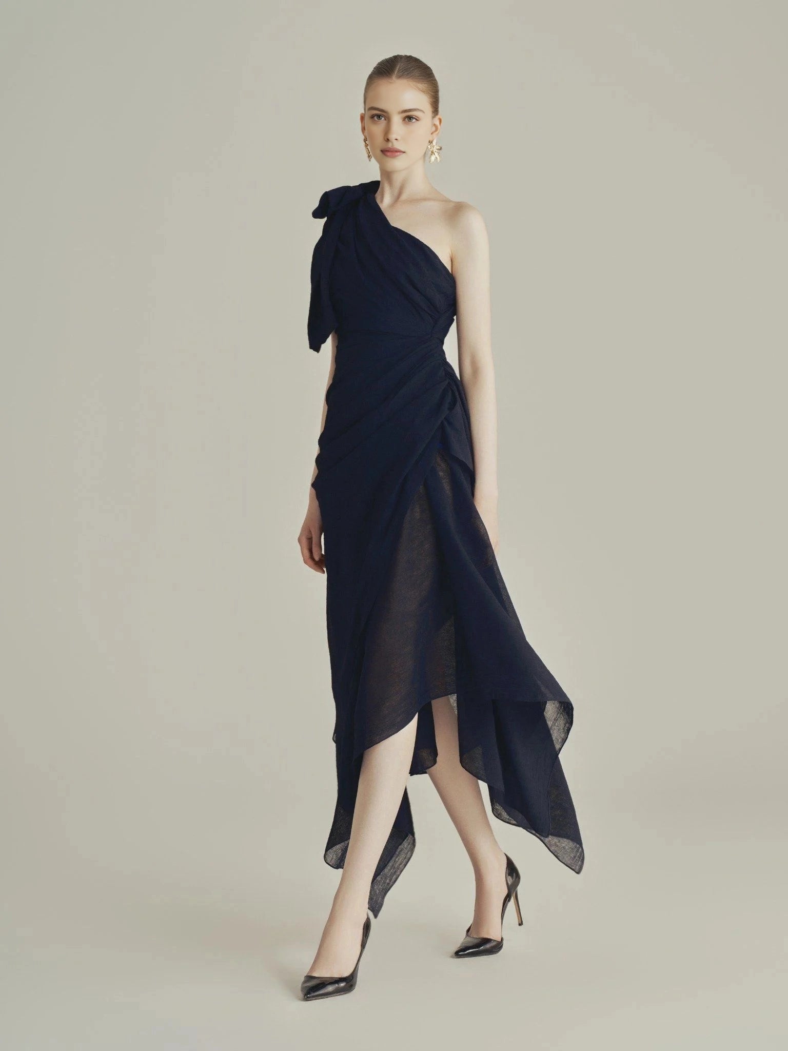 Chic A‑line One‑shoulder Bow‑sleeve Solid‑back Midi‑length Prom Dress