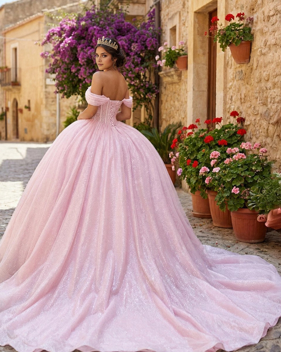 Lavender Ballgown Sweetheart Off-shoulder Lace-up Back Sweep Train Quinceañera Dress