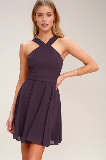 Classic A-line Halter Cross Strap Zip Back Mini Homecoming Dress
