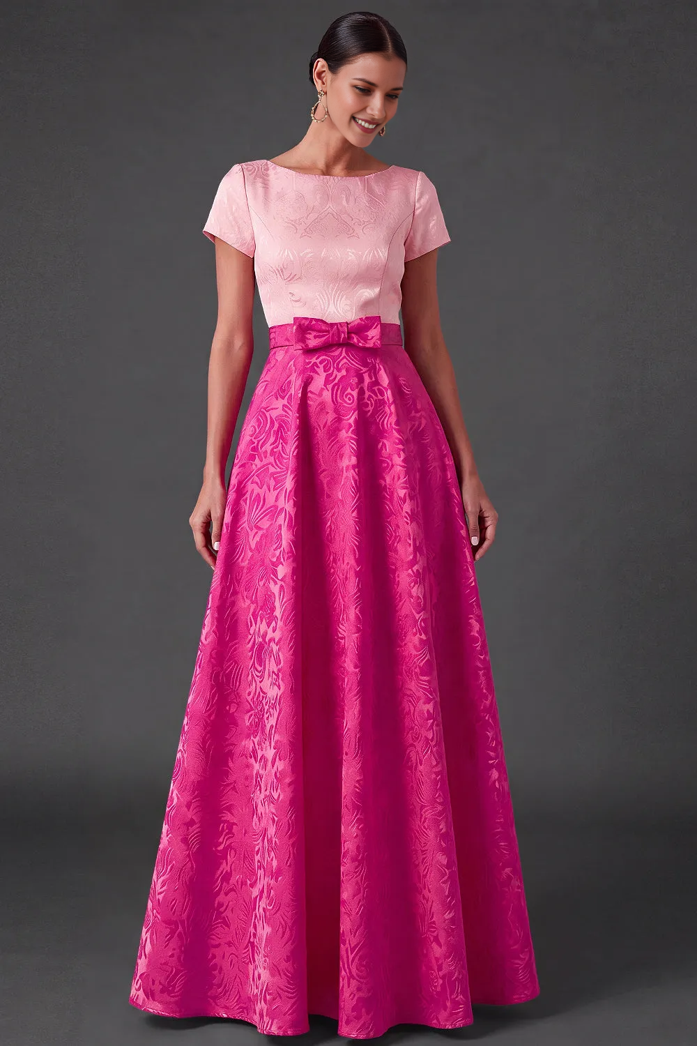 Bateau Neck Short Sleeve Two-Tone Jacquard A-Line Maxi Formal Dress with Waist Bow