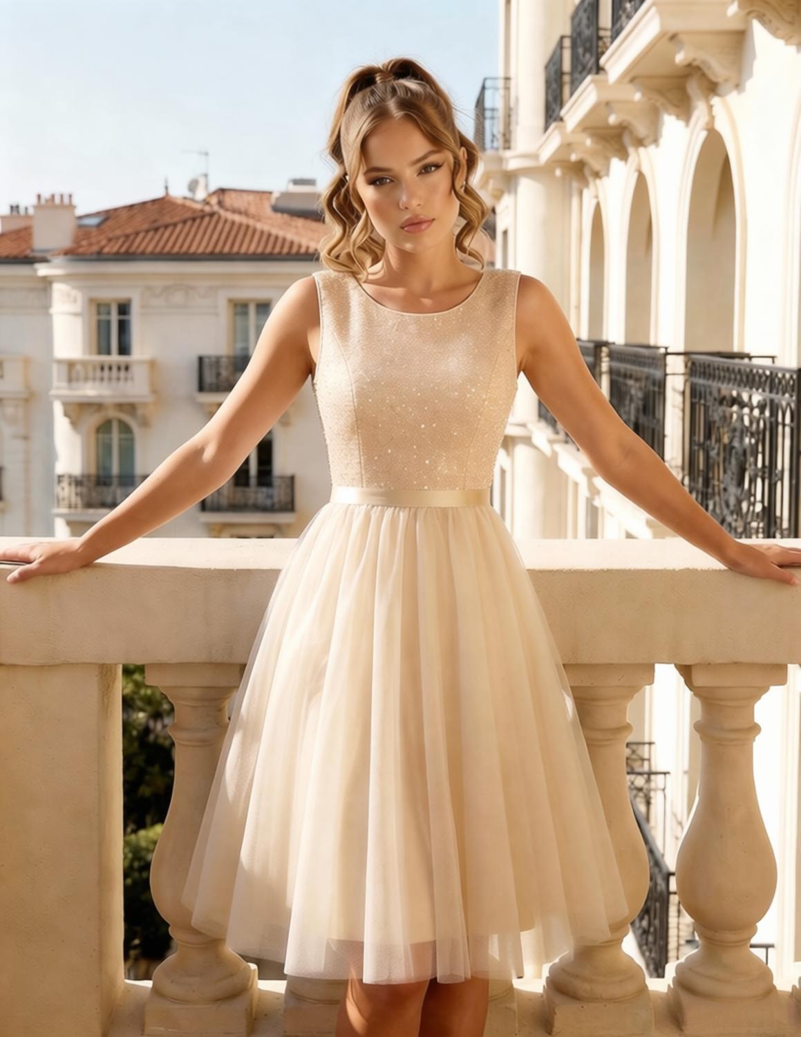 Sleeveless Round Neck A-Line Short Homecoming Dress - Sequin Top & Tulle Skirt, Lace-Up Back Cocktail Dress