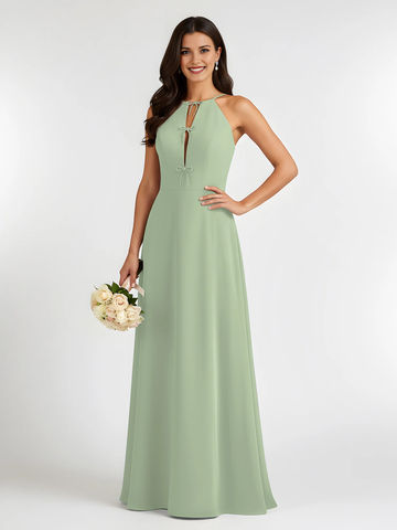 Halter Neck Chiffon Bridesmaid Dress with Bow Keyhole Detail