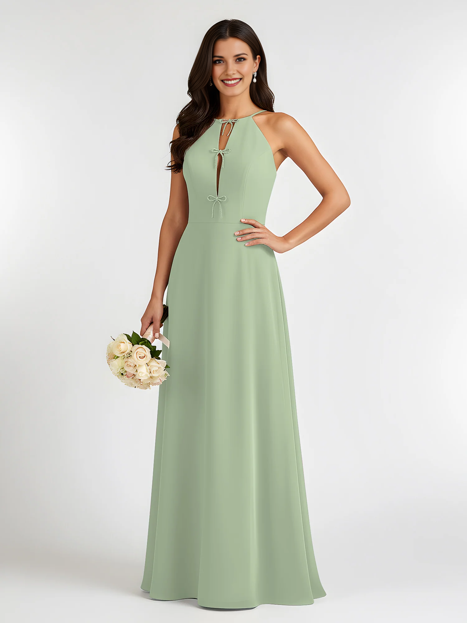 Halter Neck Chiffon Bridesmaid Dress with Bow Keyhole Detail