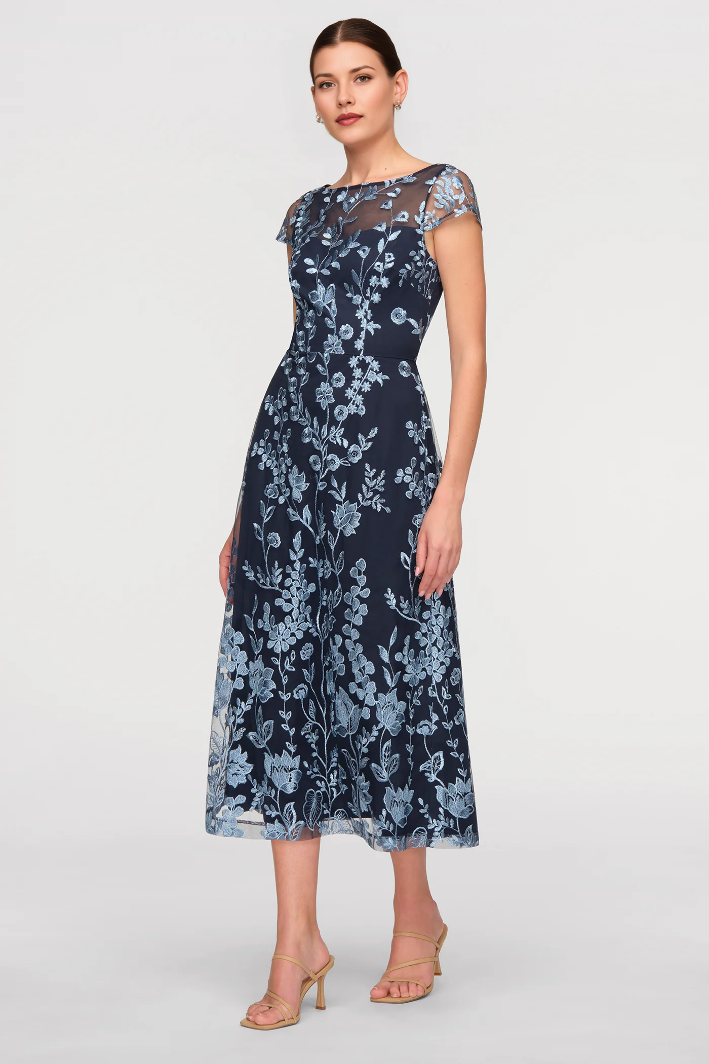 Refined A-Line Illusion Jewel Neck Cap Sleeve Embroidered Tulle Wedding Guest Dress Formal Dress