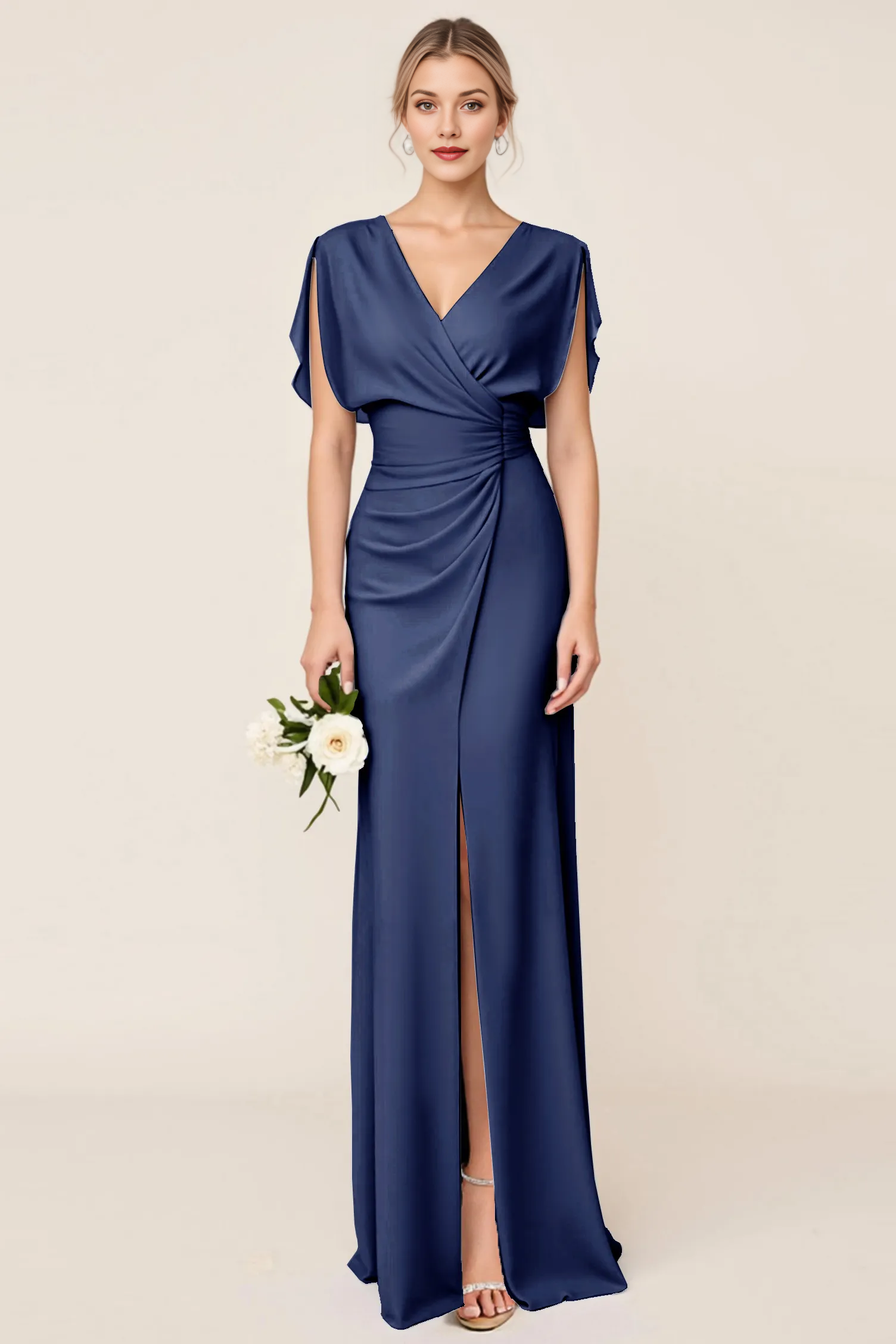 V-Neck Draped Sleeve Chiffon Bridesmaid Dress with Ruched Waist & Slit