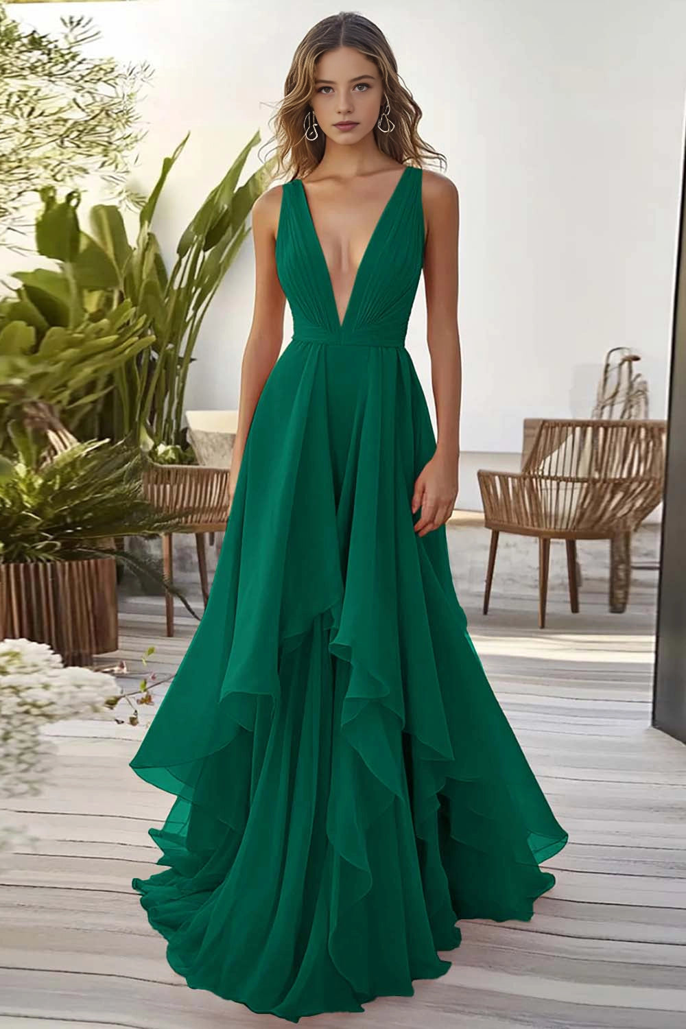 Flowy A Line Deep V Sleeveless Back Zip Train Maxi Wedding Guest Dress